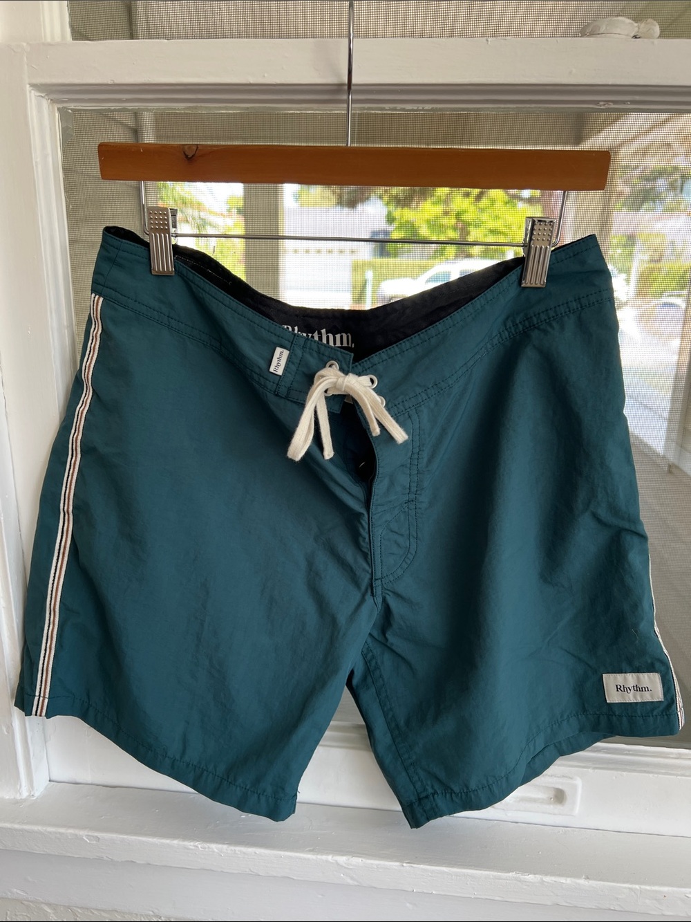 Rhythm. Teal Green Men’s Swim Board Shorts with Side Stripe